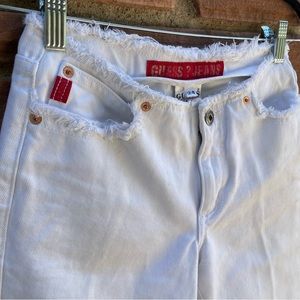 Vintage White Denim Womens GUESS JEANS Made in USA Size 24 distressed hem waist